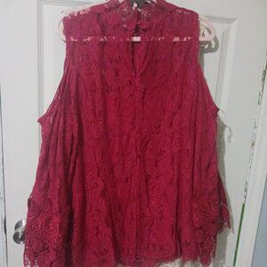 Nwot Sz 24 Cranberry Red Lace Cold shoulder blouse